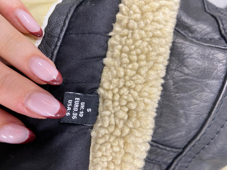 Stunning Michael Kors Leather biker Jacket shearling UK 10 Black beige BB001