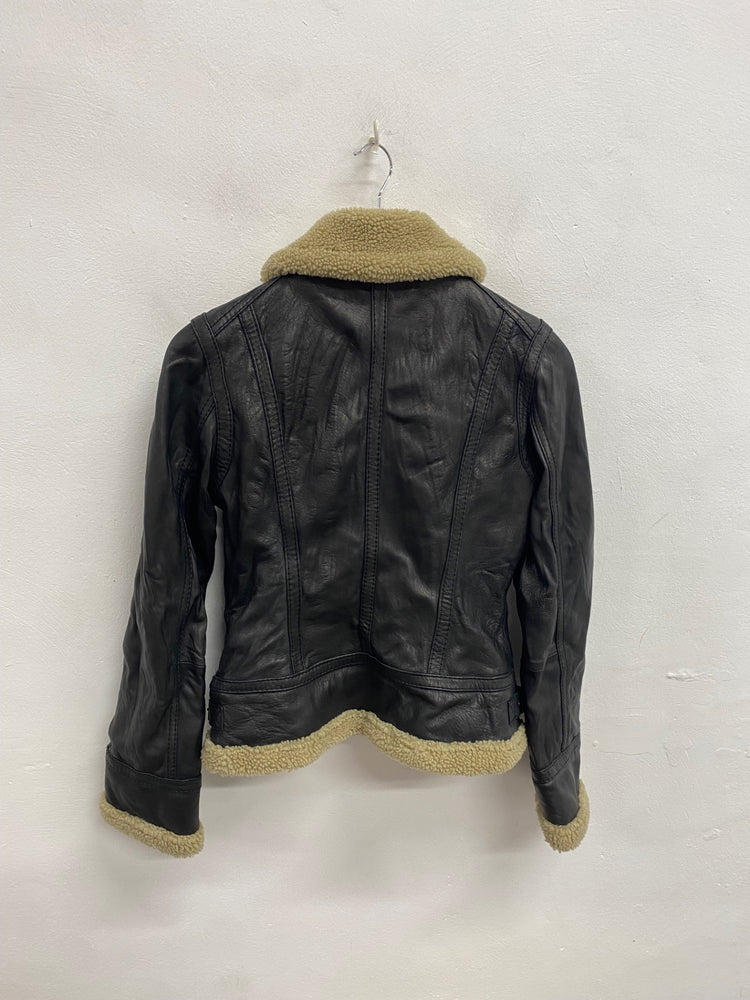 Stunning Michael Kors Leather biker Jacket shearling UK 10 Black beige BB001
