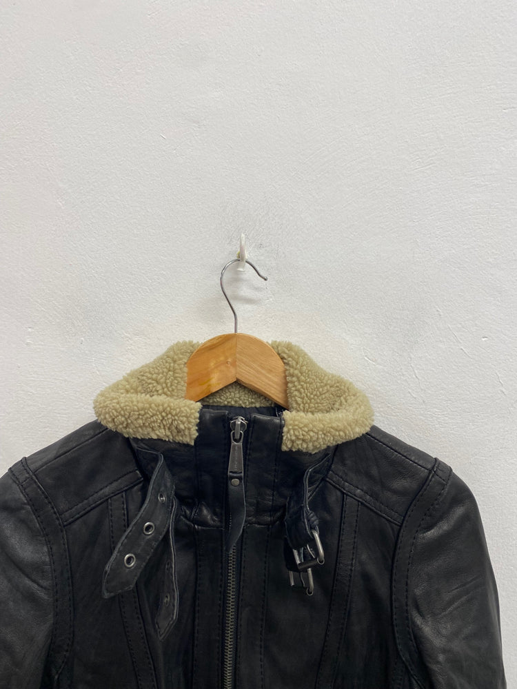 Stunning Michael Kors Leather biker Jacket shearling UK 10 Black beige BB001