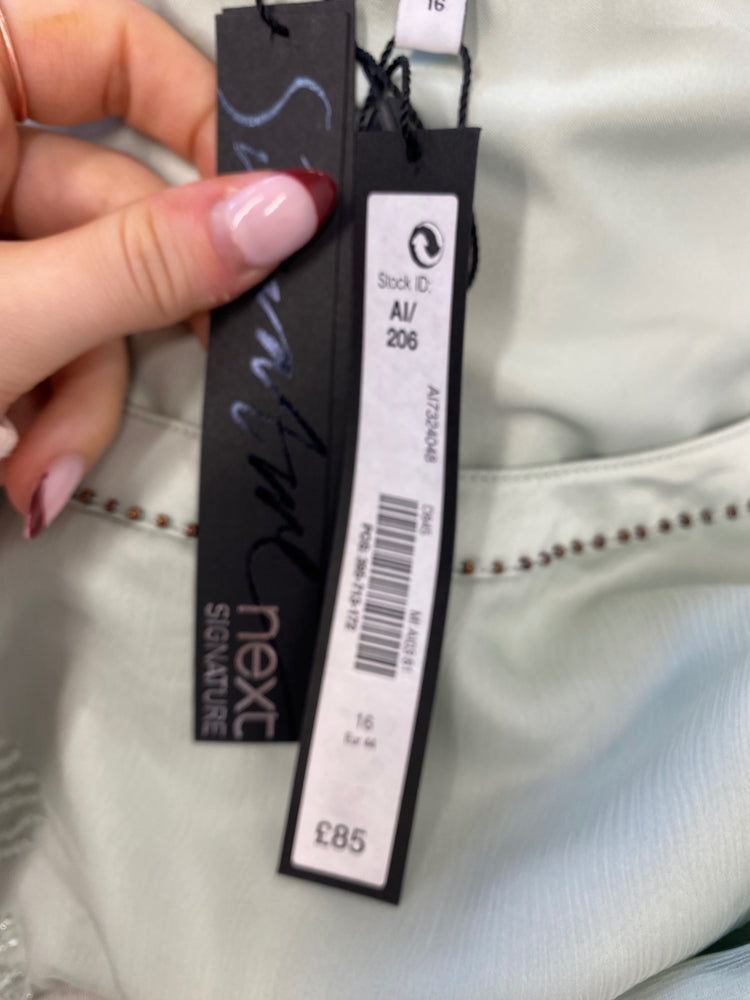 Stunning Next silk Midi Dress UK 16 Mint Green embroidered FB552