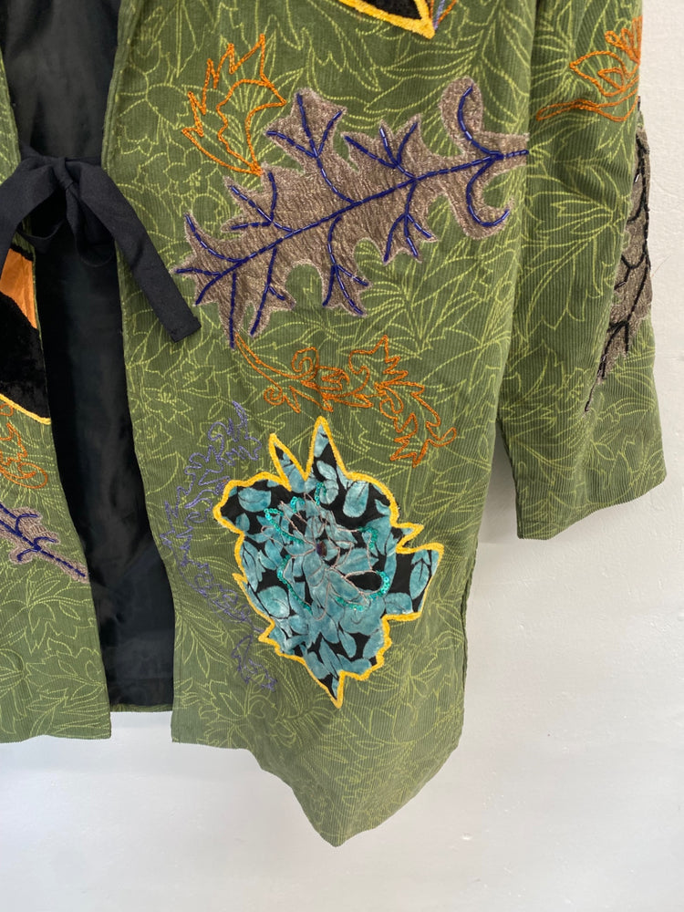 Stunning Indigo Moon Blazer jacket UK 14 Khaki floral embroidered cord FB552