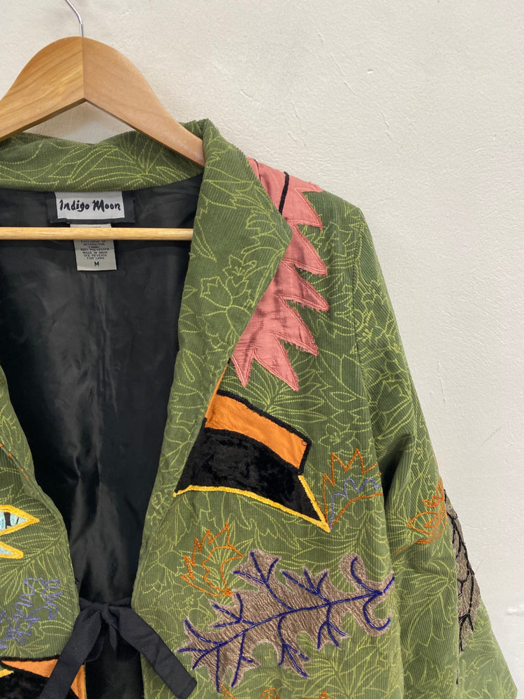 Stunning Indigo Moon Blazer jacket UK 14 Khaki floral embroidered cord FB552