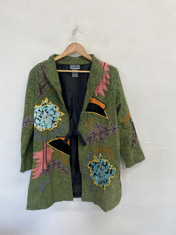 Stunning Indigo Moon Blazer jacket UK 14 Khaki floral embroidered cord FB552