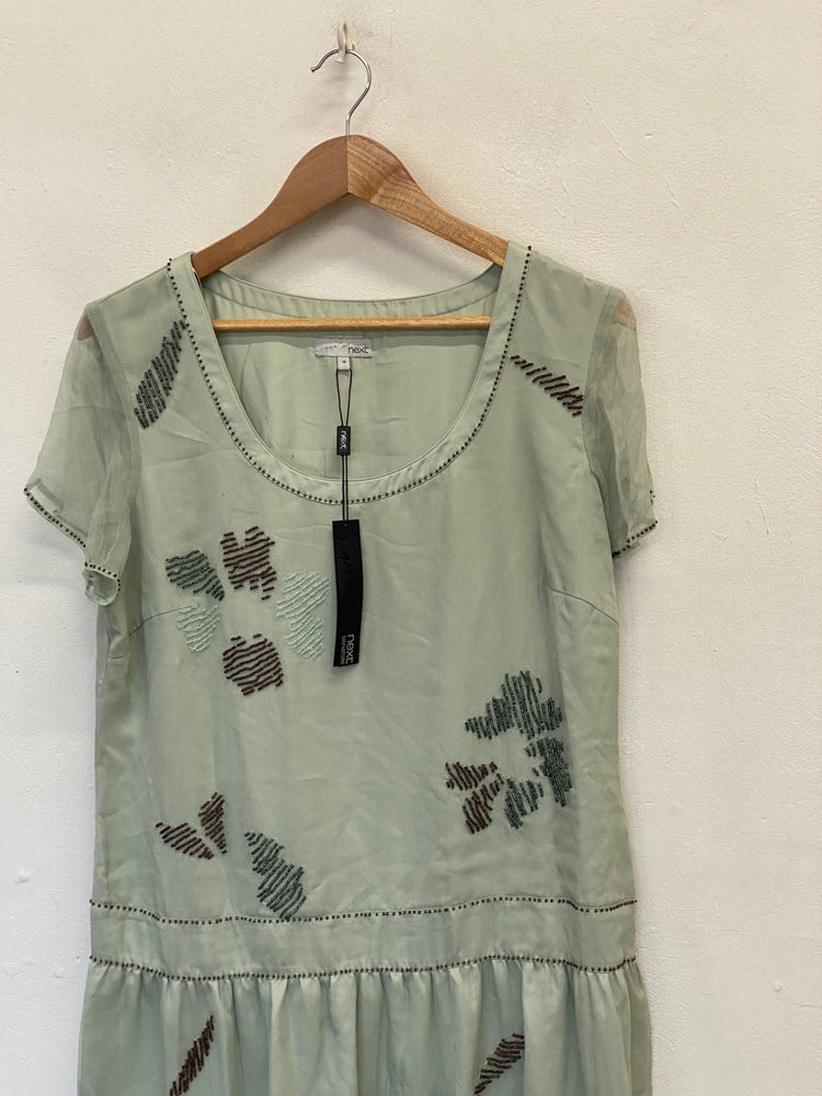 Stunning Next silk Midi Dress UK 16 Mint Green embroidered FB552