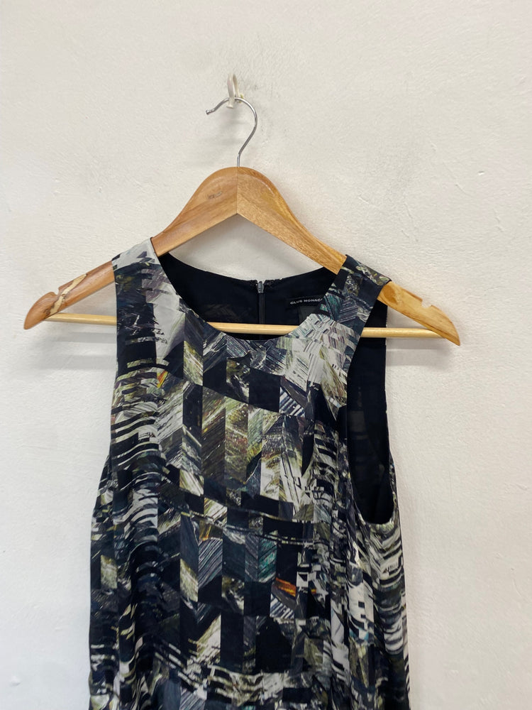 Stunning Club Monaco silk ruffle Midi Dress UK 8 Black green geometric JP001