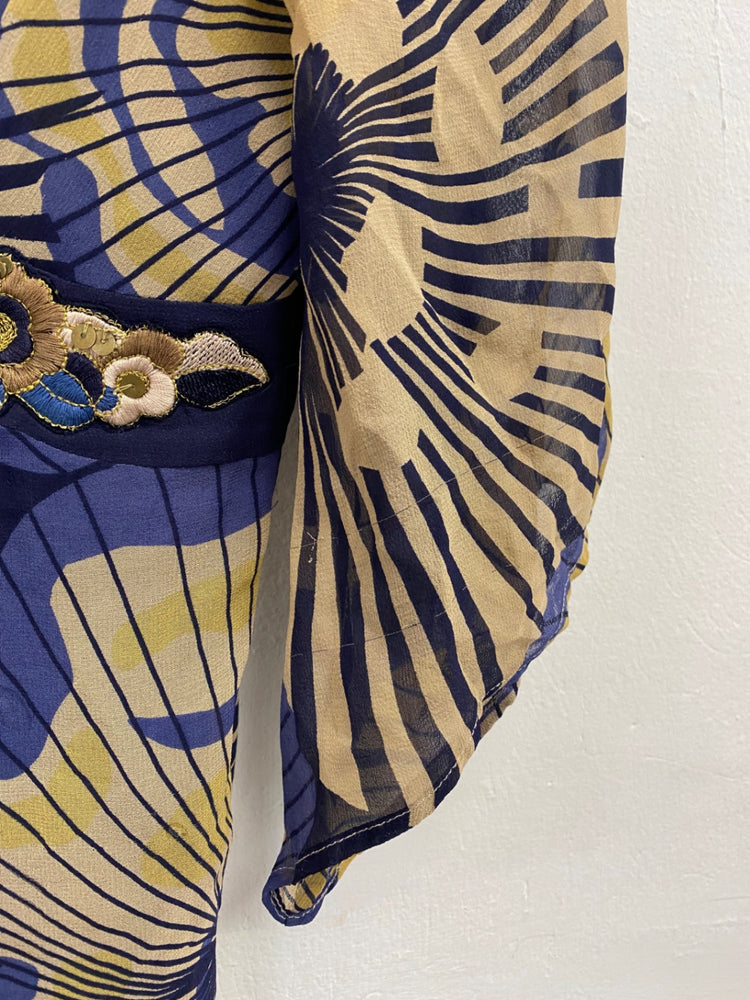 Stunning Karen Millen silk Midi Dress UK 12 Beige navy floral JP001