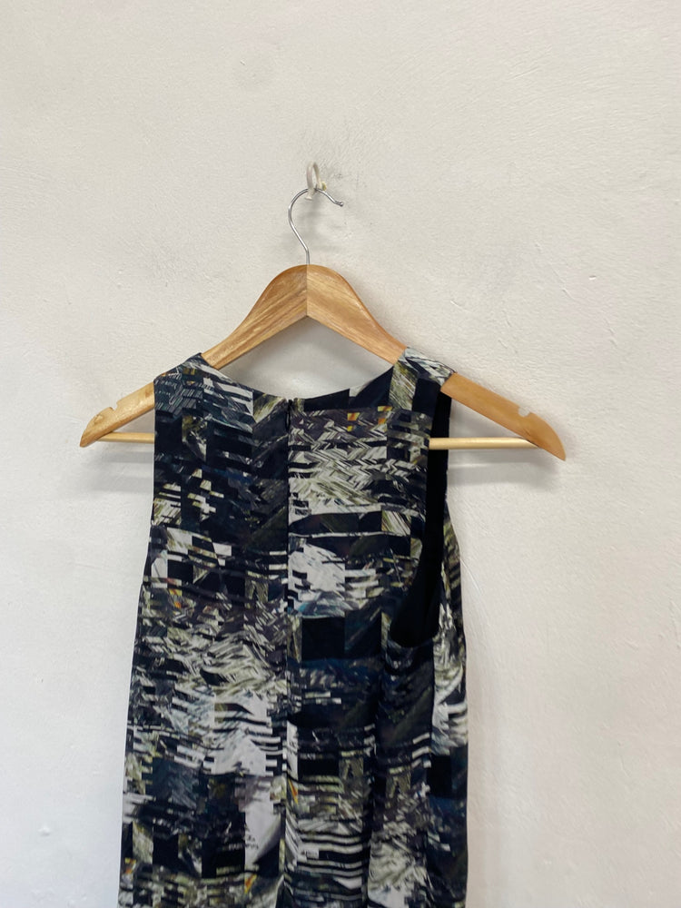 Stunning Club Monaco silk ruffle Midi Dress UK 8 Black green geometric JP001