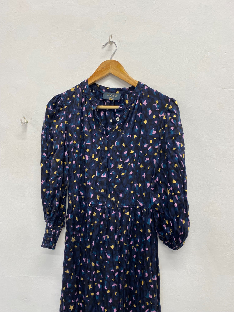 Stunning Wyse London Charlotte silk Midi Dress UK 8 Navy heart star print RG020