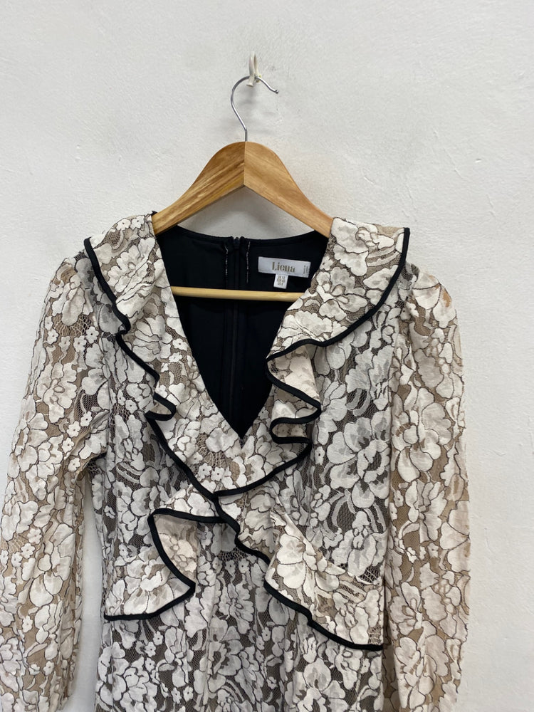 Stunning Liena Midi Dress UK 12 White black lace frill RG020