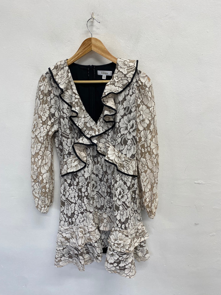 Stunning Liena Midi Dress UK 12 White black lace frill RG020