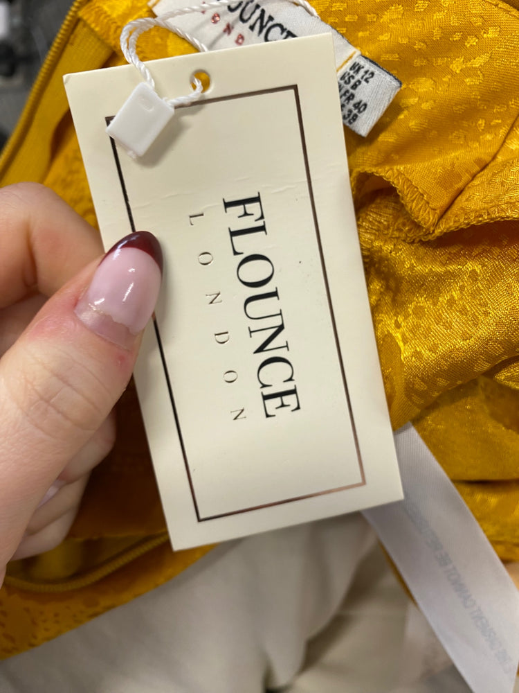 Stunning Flounce London Maxi Dress UK 12 Yellow jacquard pattern RG020