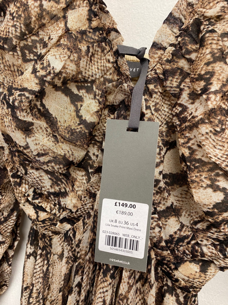 Stunning Mint Velvet Maxi Dress UK 8 Brown snakeprint RG020