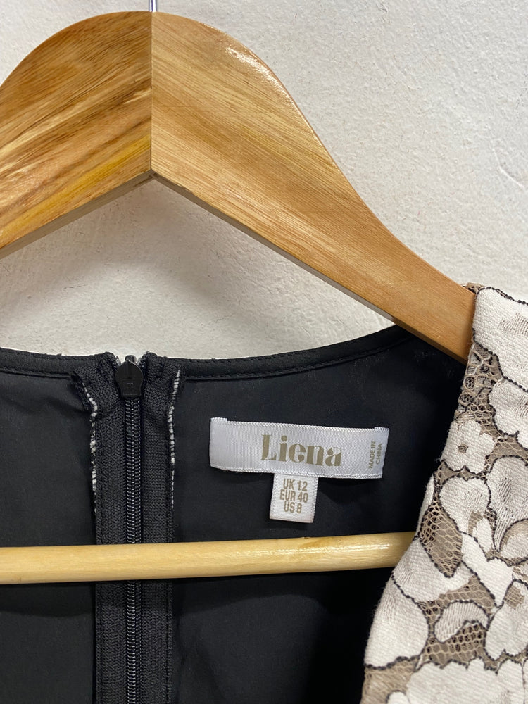 Stunning Liena Midi Dress UK 12 White black lace frill RG020