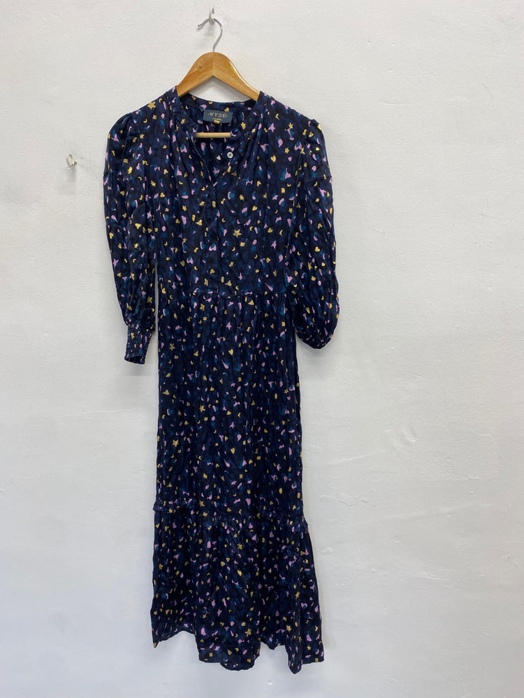 Stunning Wyse London Charlotte silk Midi Dress UK 8 Navy heart star print RG020