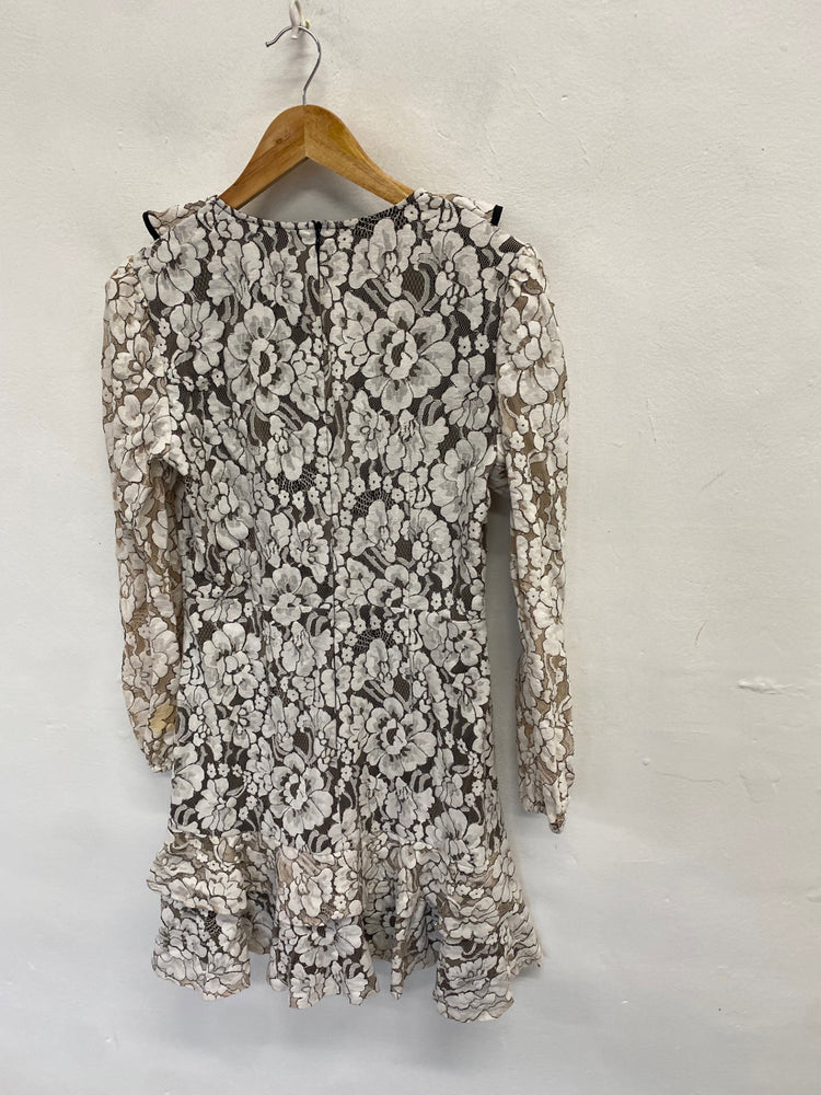Stunning Liena Midi Dress UK 12 White black lace frill RG020