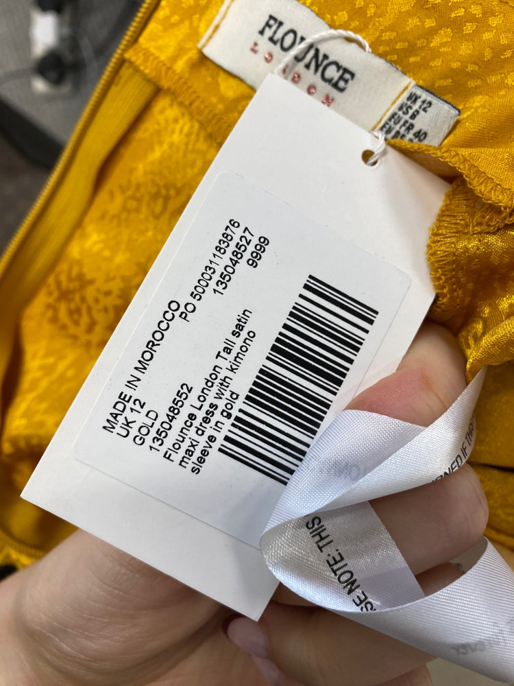 Stunning Flounce London Maxi Dress UK 12 Yellow jacquard pattern RG020