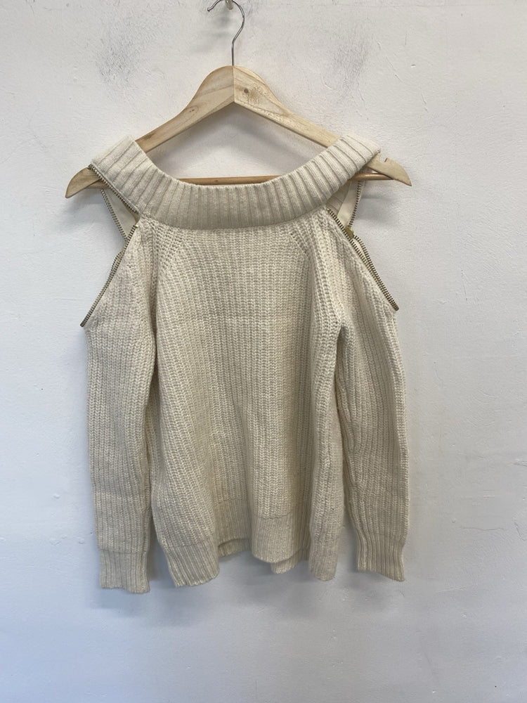 Lovely Michael Kors Cream Ribbed Zip Off The Shoulder Top UK XS JM008