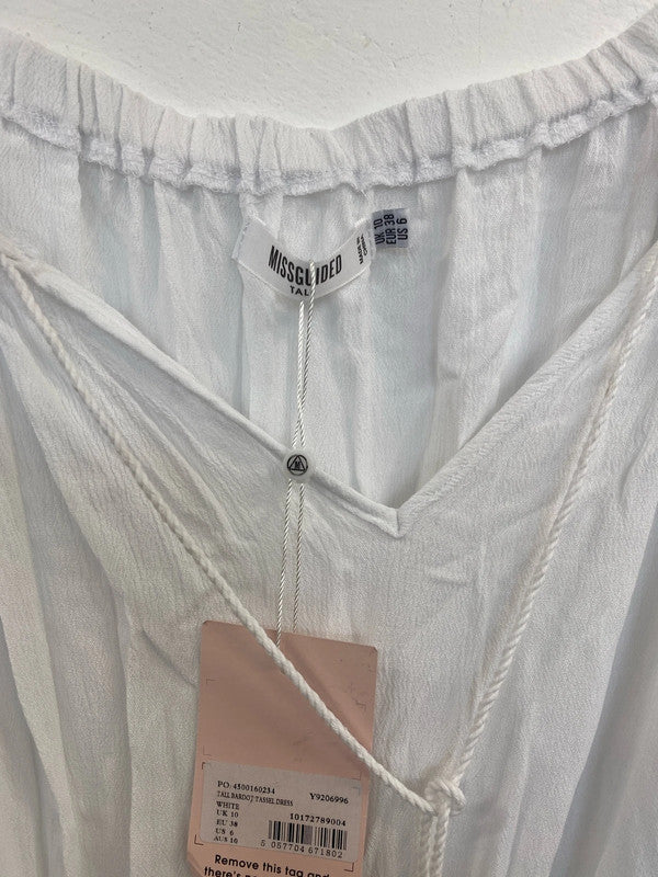 Missguided Stylish White Bardot Tassel Dress UK 10 Tall MB001