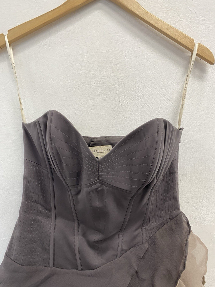 Gorgeous Karen Millen Tiered Strapless Grey Silk Dress UK 10 LD003