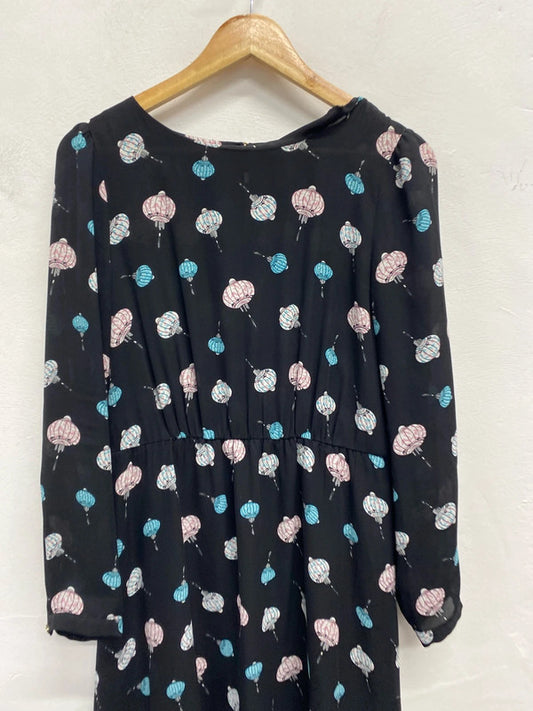 Lovely oasis black lantern print dress UK 10 JA002