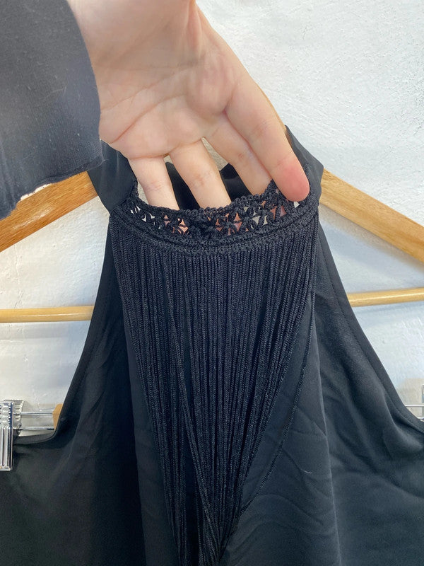 Zara Fabulous Black Fringe Detail Halter Neck Mini Dress Size L GW001