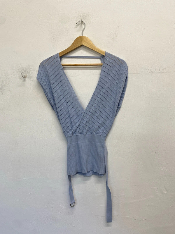 Lovely Karen Millen blue crochet low bust belted top UK S JM005