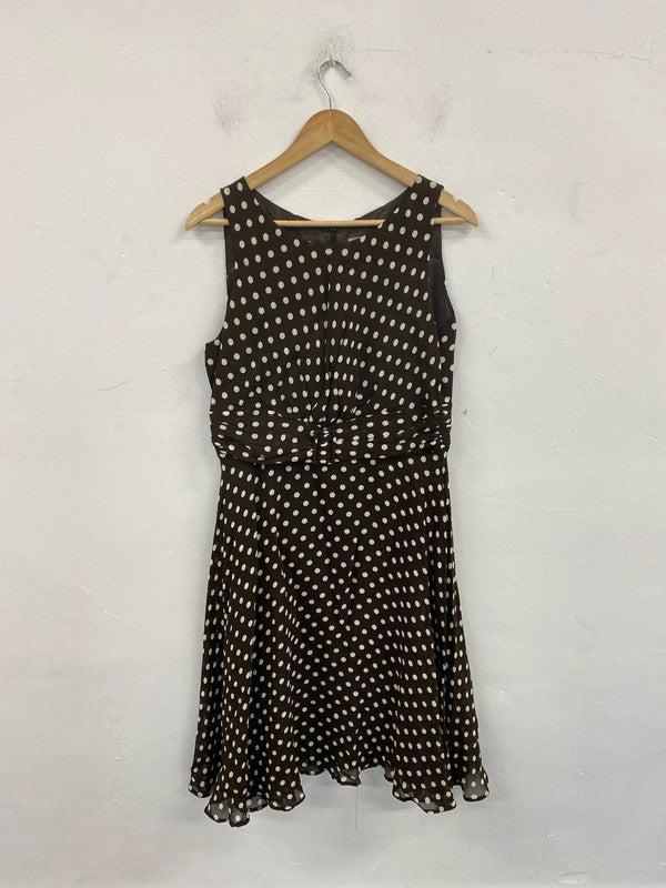 Wallis Elegant Brown & Cream Polkadot Midi Dress UK 14 FR001