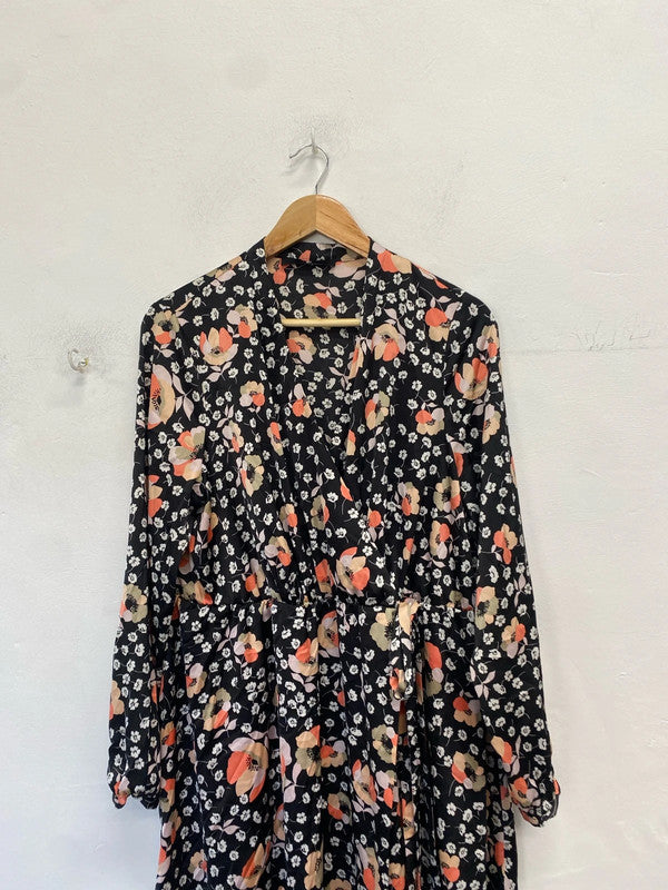 Gorgeous very black multicolour floral tie front dress UK 18 MD002