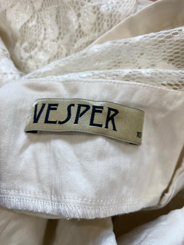 Vesper Elegant Cream Lace Accent Midi Dress UK 10 EL001