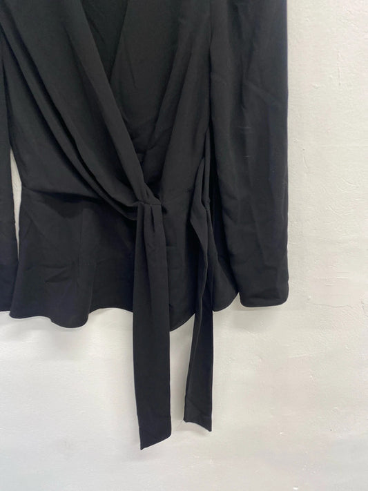 Lovely river island black low neck tie waist long sleeve top formal UK S KM004