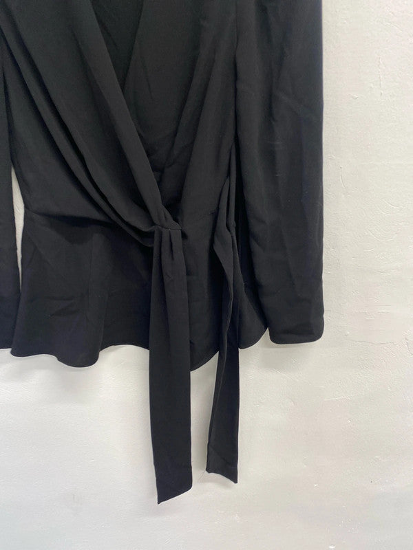 Lovely river island black low neck tie waist long sleeve top formal UK S KM004