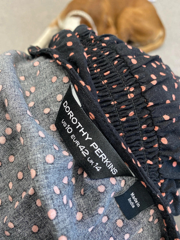 Lovely Dorothy Perkins black pink spotted midi smock dress UK 14 LN001