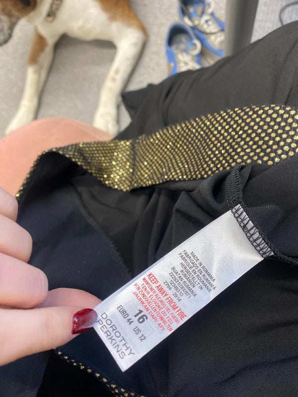 Lovely billie & blossom black flare midi gold cuff dress UK 16 AO001