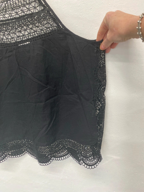 Fabulous Black broderie cotton boho top Uk M 12 NN001