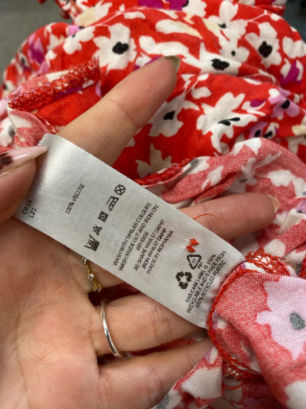 Lovely very red floral frill blouse UK M NN001