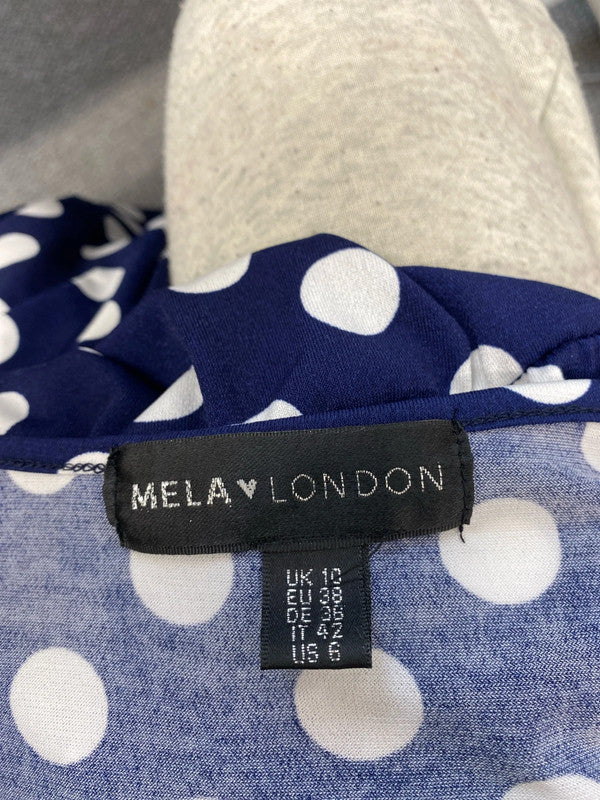 Lovely mela London navy polka dot mini dress with gold belt detail UK 10 JA002
