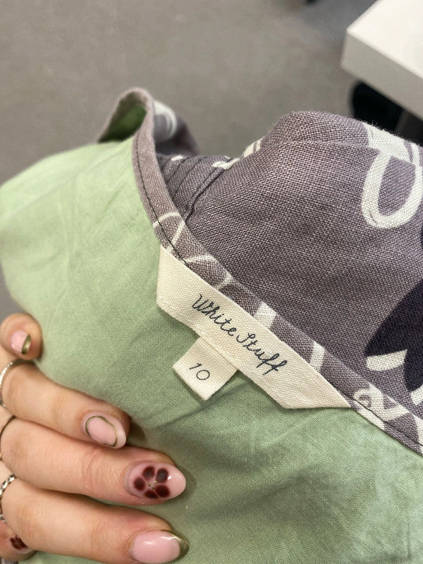 Lovely white stuff grey green bird linen dress UK 10 MM005