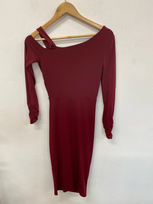 River Island Gorgeous Cherry Red Asymmetric Ruched Stretchy Midi Dress UK 8 KM004