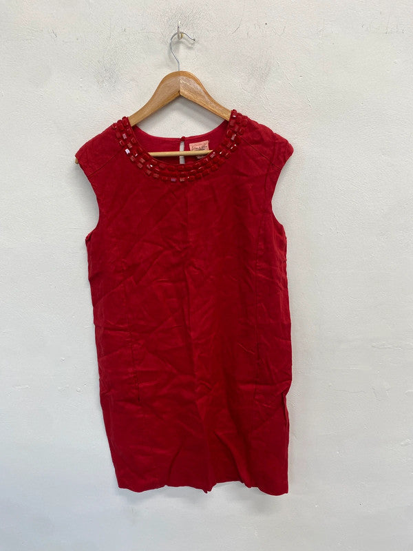 Stunning island shop red linen jewel midi dress UK 14 MS002