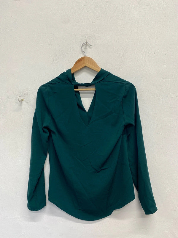Lovely river island dark green ruched cut out back blouse top UK S KM004