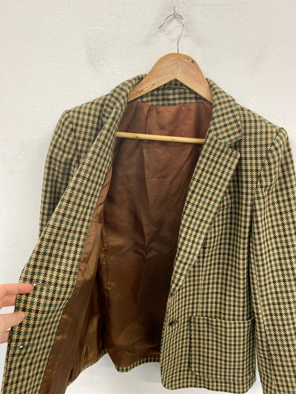Vintage Womens Stylish Green Houndstooth Cashmere Blend Blazer UK 10-12 MM005