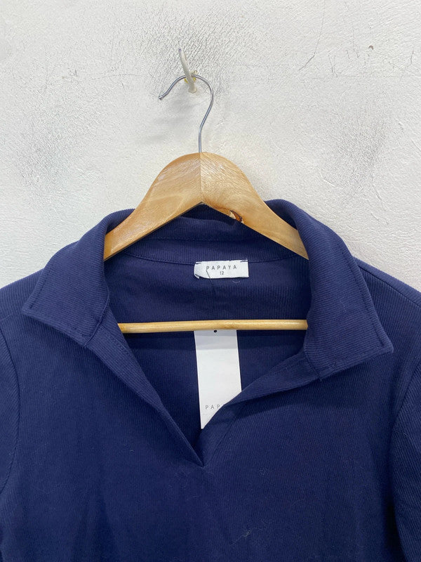 Gorgeous papaya long sleeve navy ribbed collared top UK 12 AO001