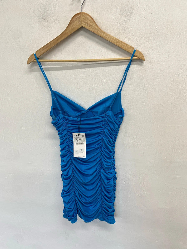 Stunning Zara nwt blue ruched mini dress UK S SD002
