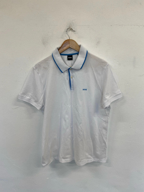 Hugo Boss Smart White & Blue Embroidered Polo Shirt Size XL AT001