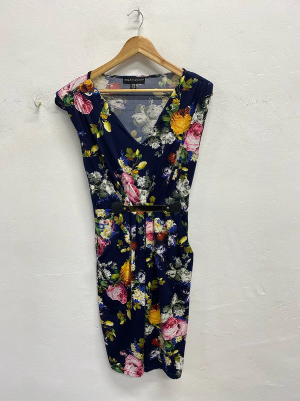 Lovely mela London navy floral dress v neck midi UK 10 JA002