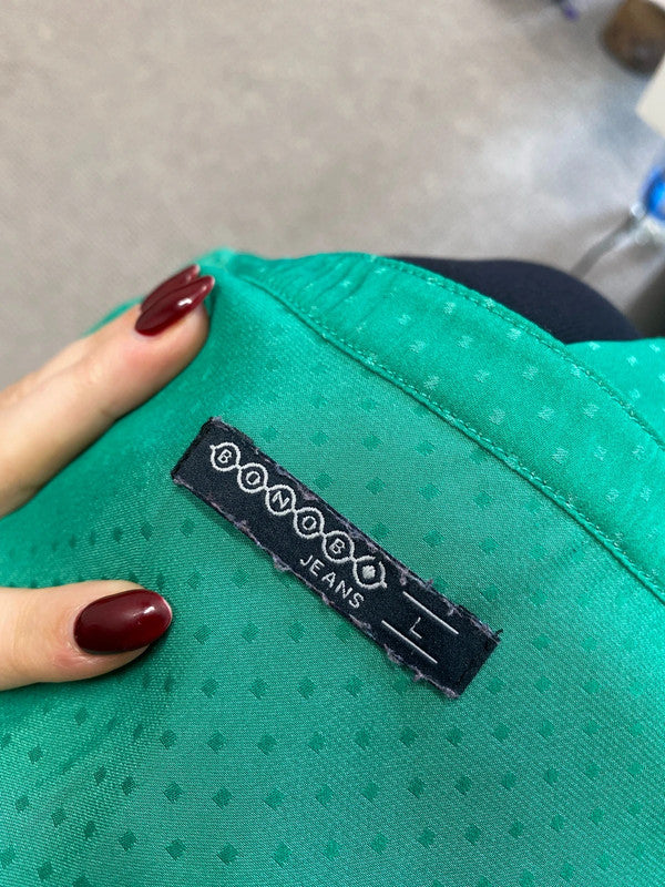 Lovely bonob jeans green spotted blouse UK L JB003