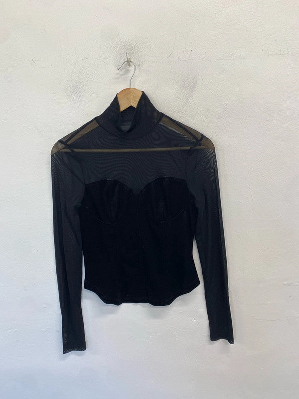 Stunning Shien black velvet look mesh long sleeve top UK 8 AE001