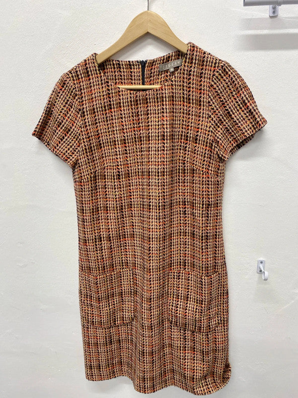 Fabulous Jigsaw Orange Navy check silk blend formal dress Uk8 AG006