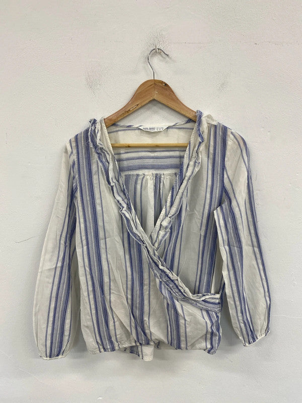 Zara Chic White & Blue Stripe Raw Edge Blouse Size XS AG006