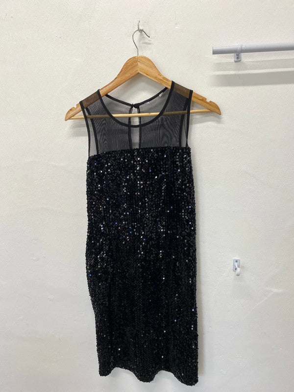 Fabulous New Look black sequin mini dress mesh straps Uk12 LL003